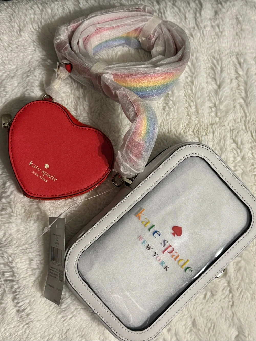 kate spade White Clear Crossbody with Red Heart Coin Pouch and Rainbow Strap